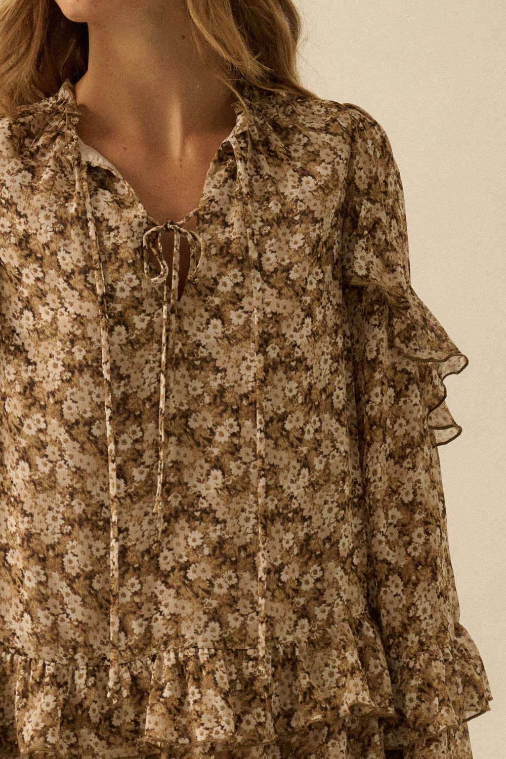 Floral Ruffled Bell-Sleeve Babydoll Mini Dress