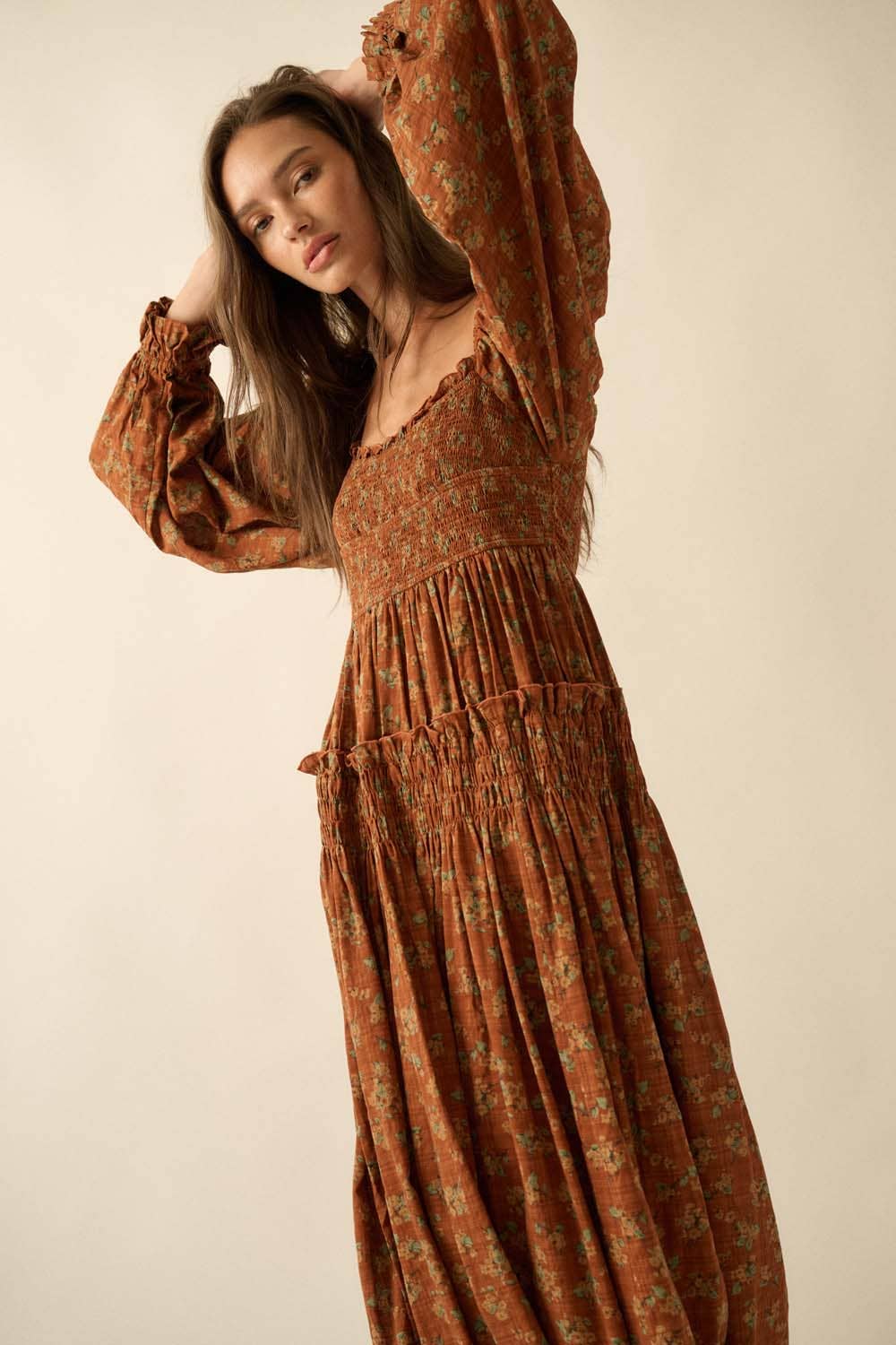 Smocked Floral Bubble-Sleeve Midi Dress