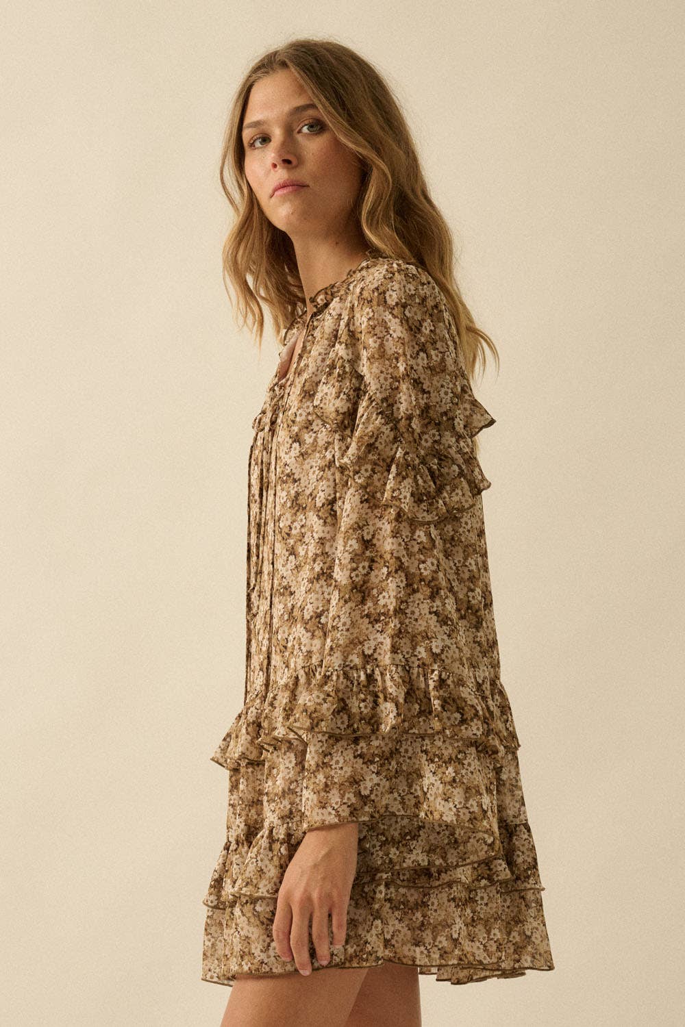 Floral Ruffled Bell-Sleeve Babydoll Mini Dress