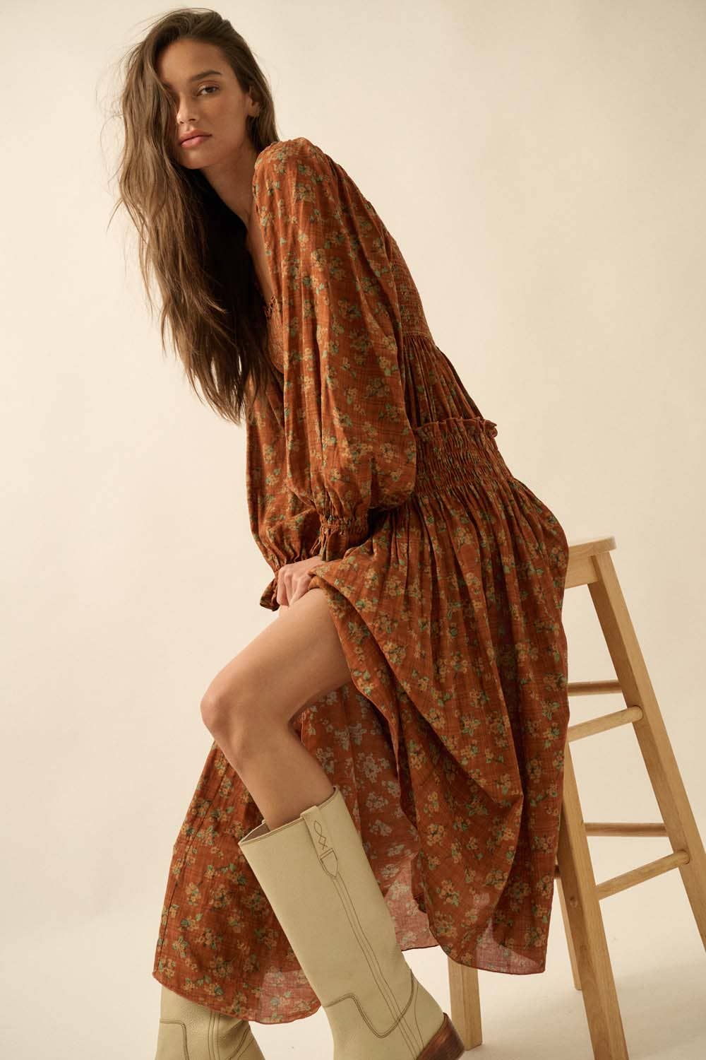 Smocked Floral Bubble-Sleeve Midi Dress