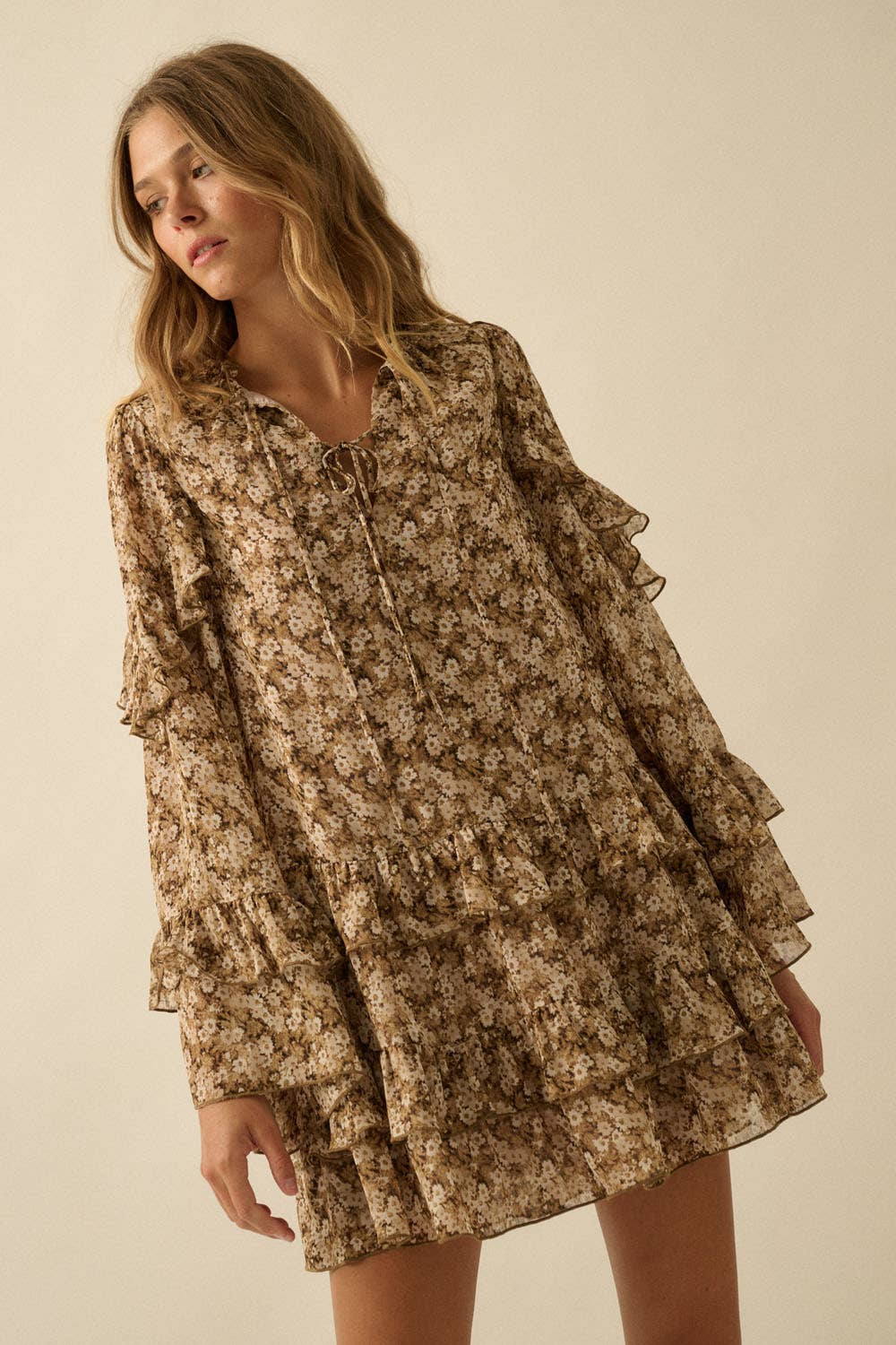 Floral Ruffled Bell-Sleeve Babydoll Mini Dress