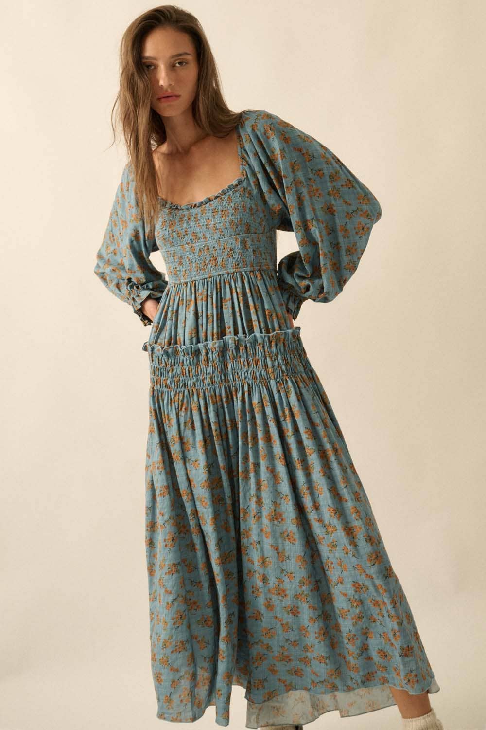 Smocked Floral Bubble-Sleeve Midi Dress