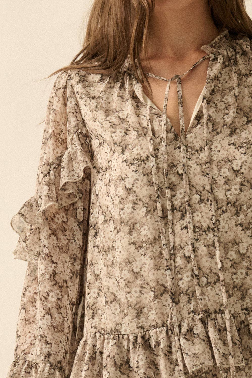 Floral Ruffled Bell-Sleeve Babydoll Mini Dress
