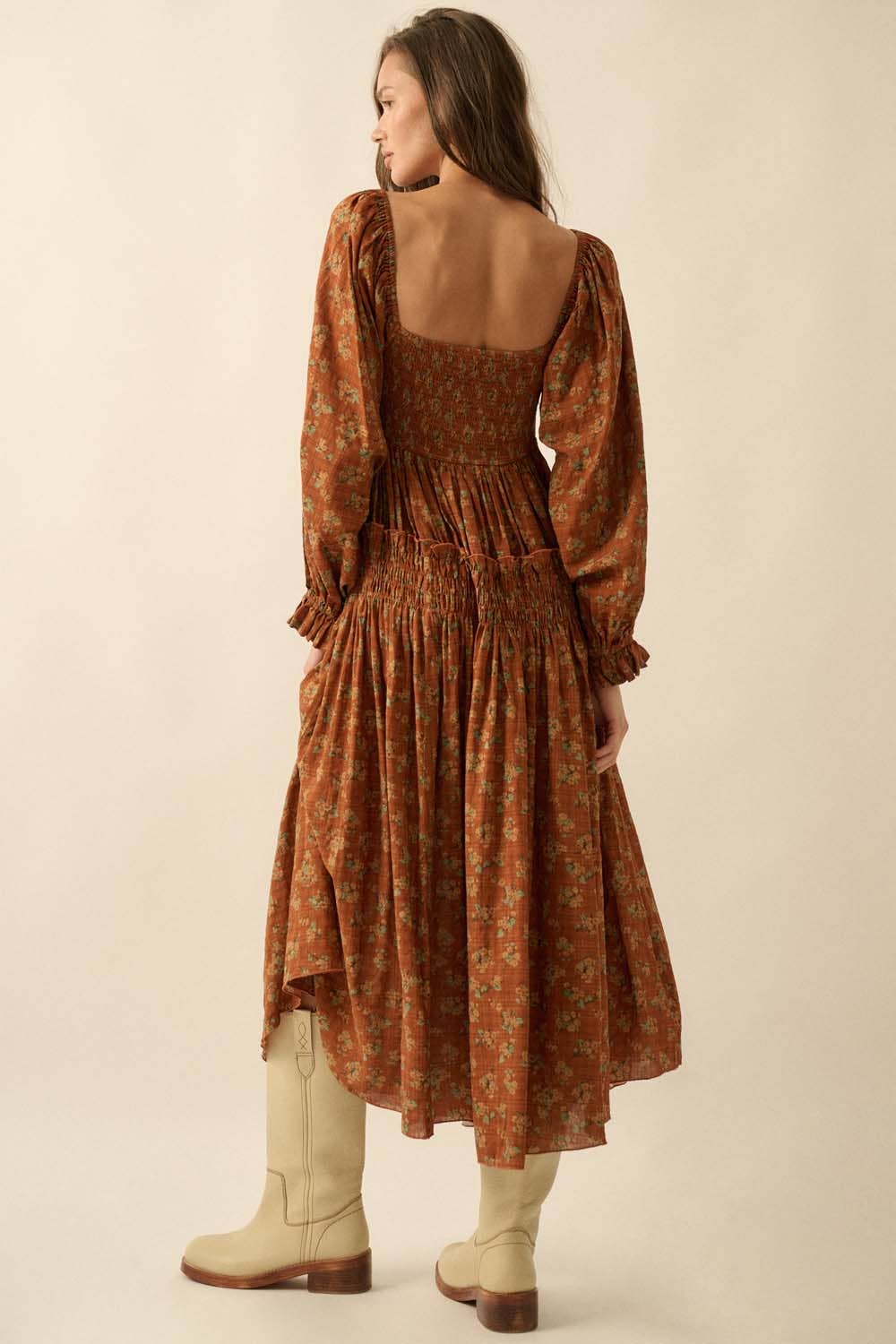 Smocked Floral Bubble-Sleeve Midi Dress
