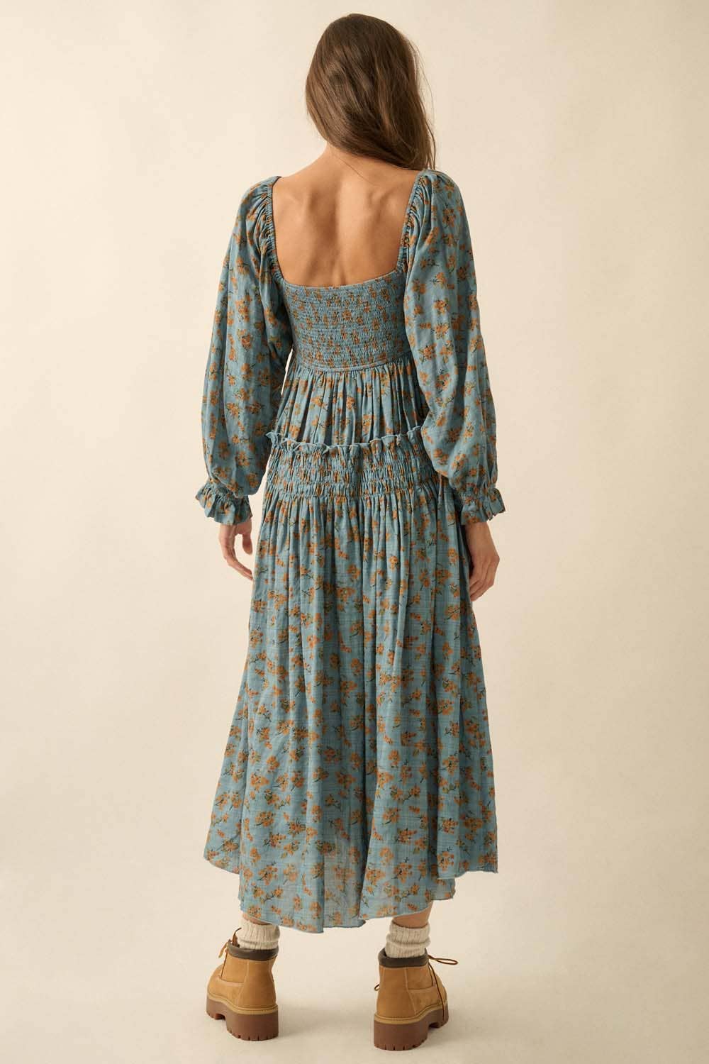Smocked Floral Bubble-Sleeve Midi Dress
