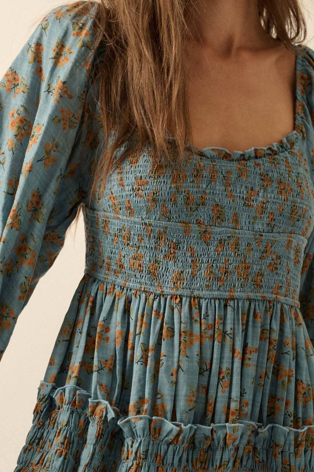 Smocked Floral Bubble-Sleeve Midi Dress