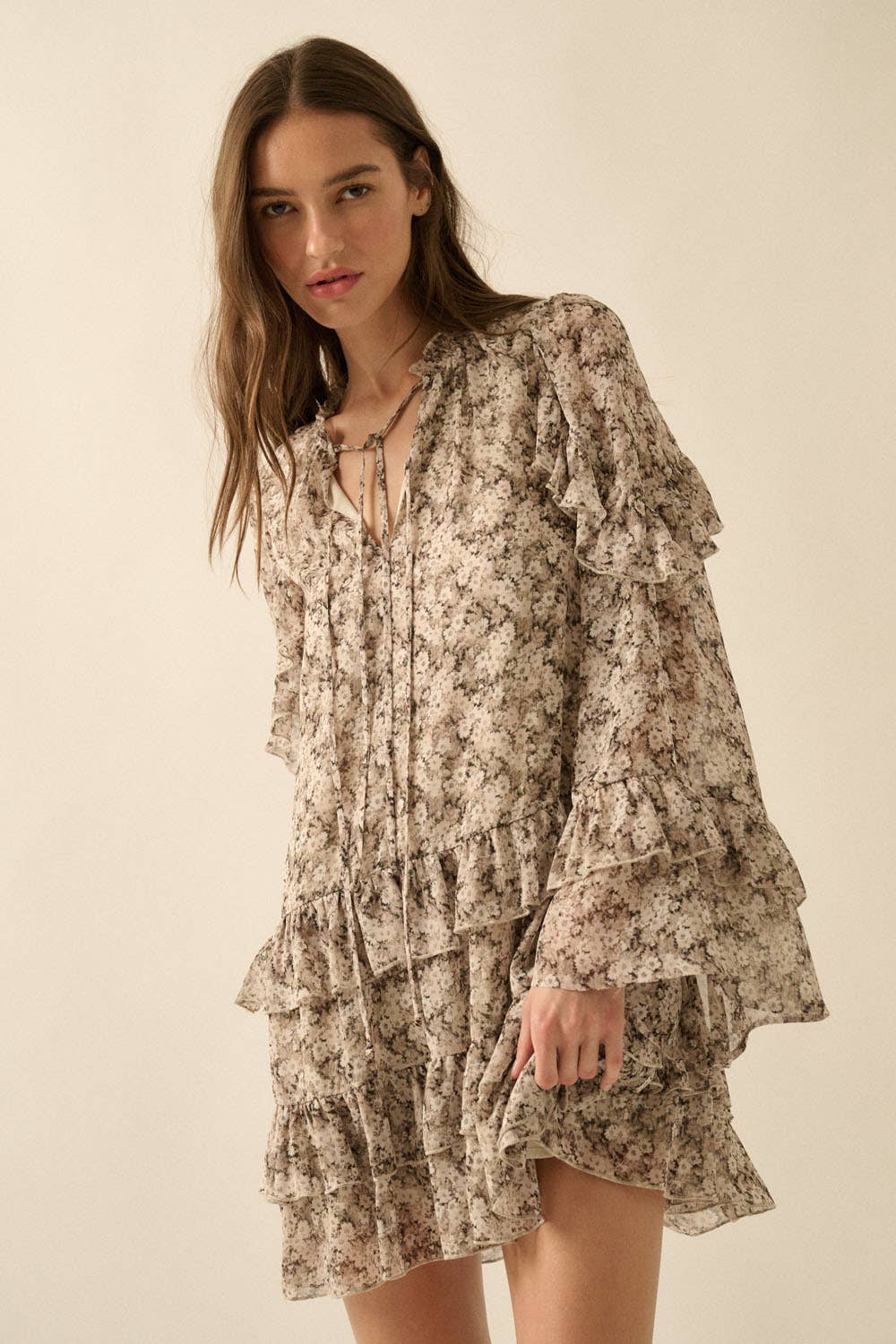Floral Ruffled Bell-Sleeve Babydoll Mini Dress
