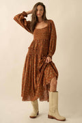 Smocked Floral Bubble-Sleeve Midi Dress