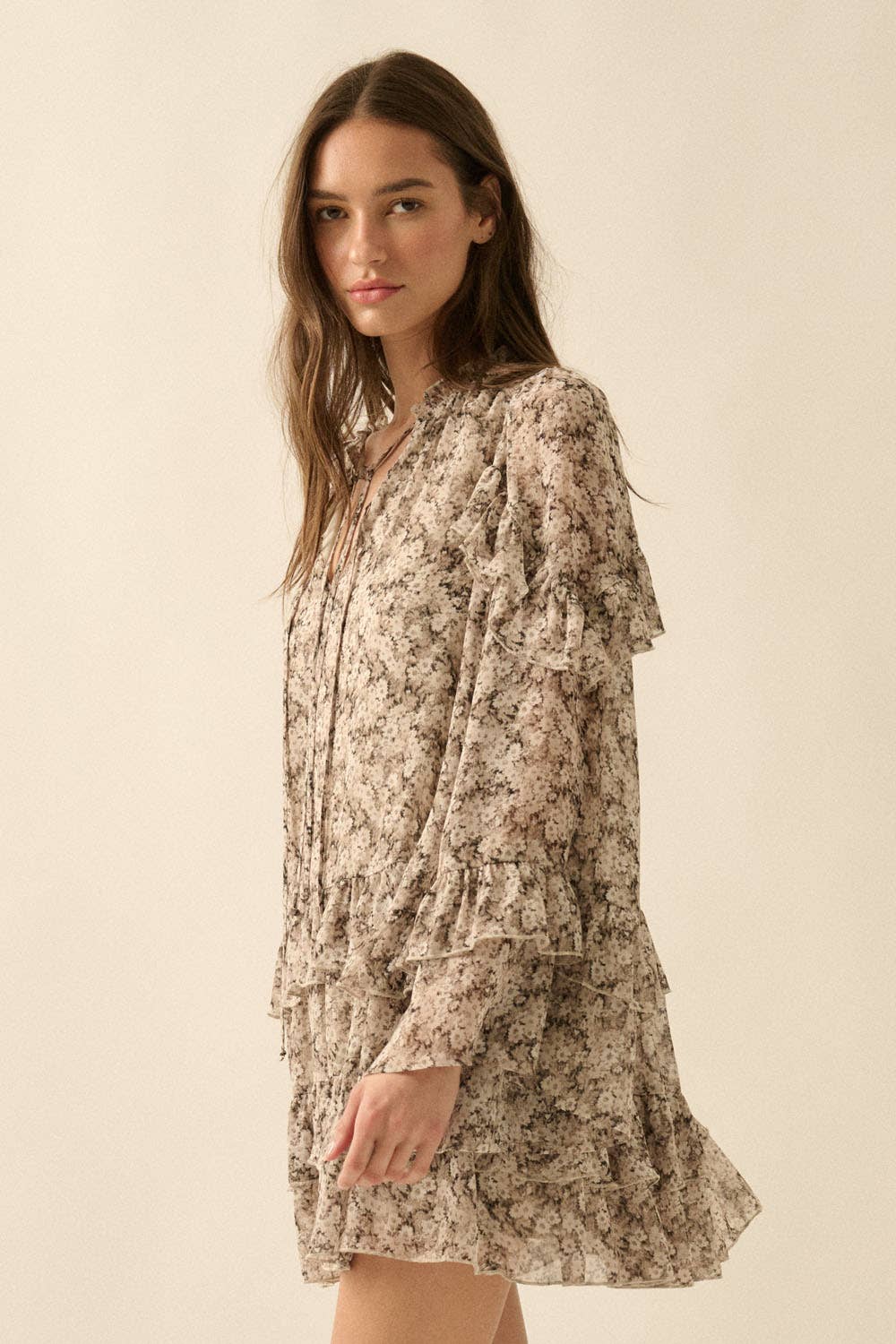 Floral Ruffled Bell-Sleeve Babydoll Mini Dress