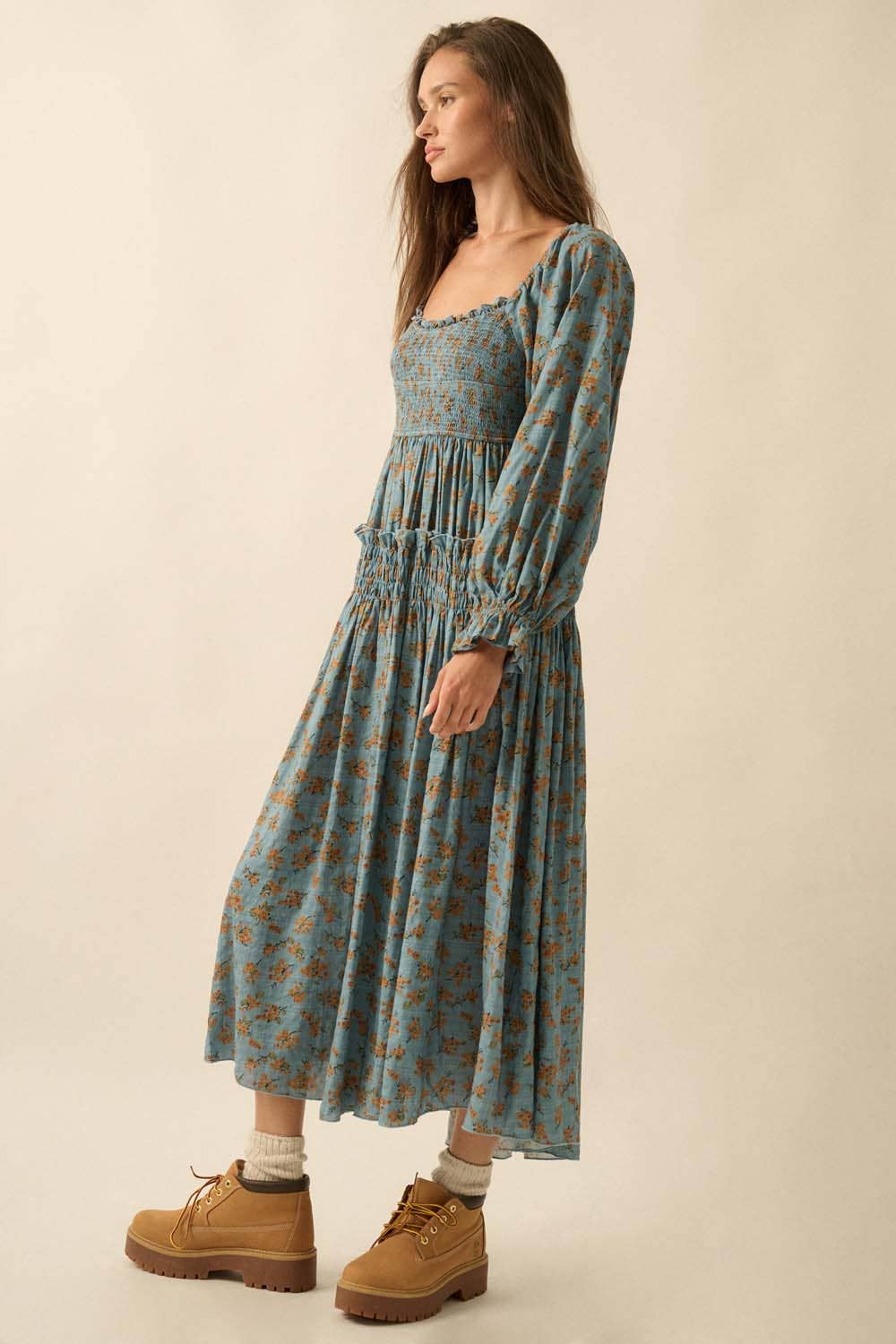 Smocked Floral Bubble-Sleeve Midi Dress