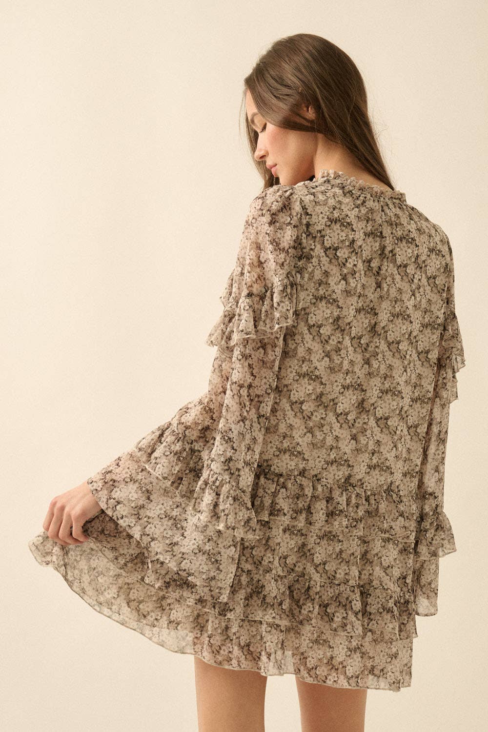 Floral Ruffled Bell-Sleeve Babydoll Mini Dress