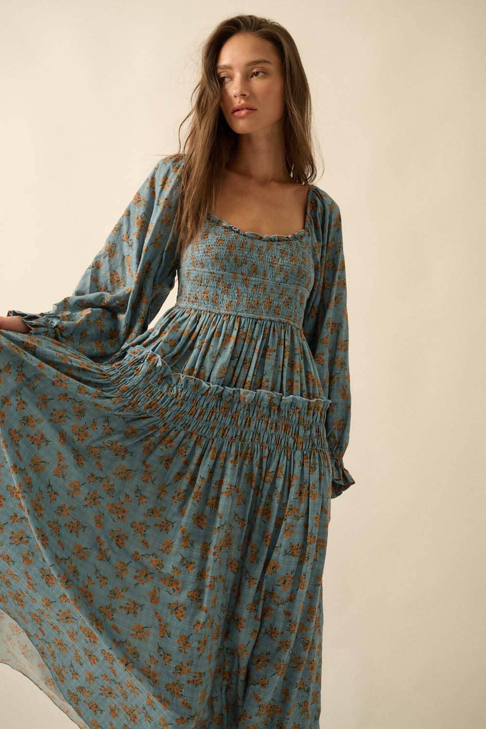 Smocked Floral Bubble-Sleeve Midi Dress