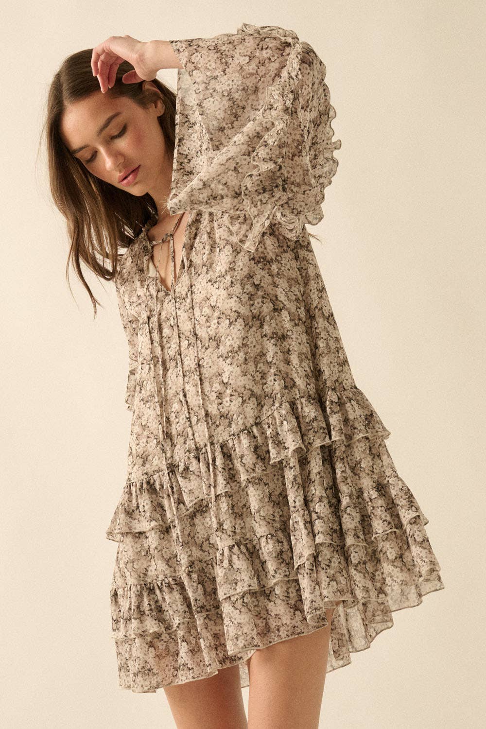 Floral Ruffled Bell-Sleeve Babydoll Mini Dress