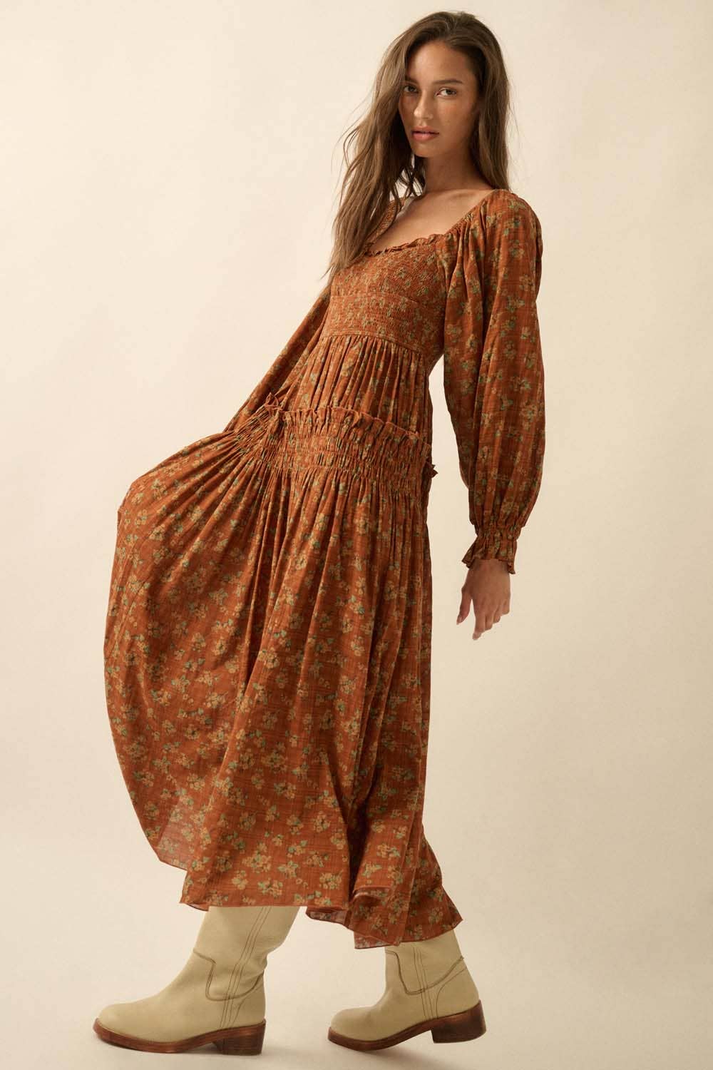 Smocked Floral Bubble-Sleeve Midi Dress