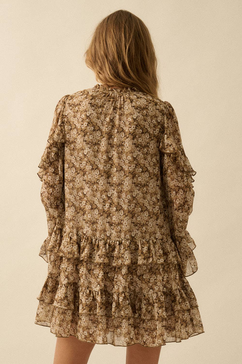 Floral Ruffled Bell-Sleeve Babydoll Mini Dress