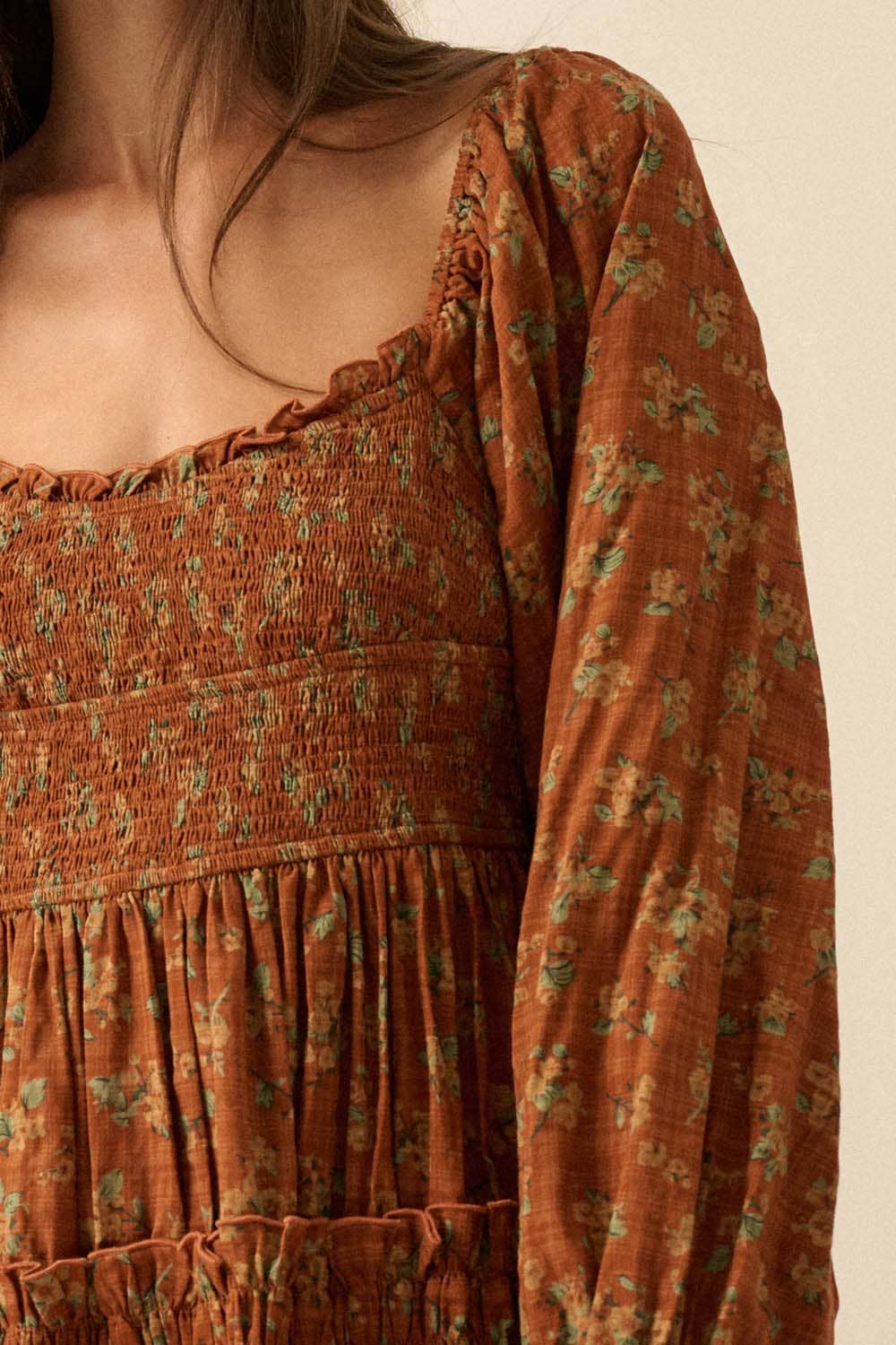 Smocked Floral Bubble-Sleeve Midi Dress