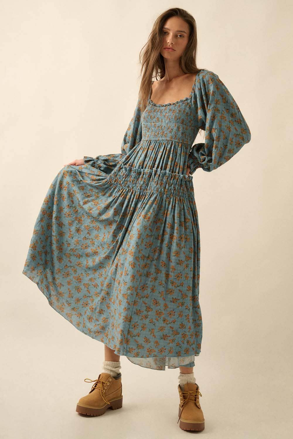 Smocked Floral Bubble-Sleeve Midi Dress