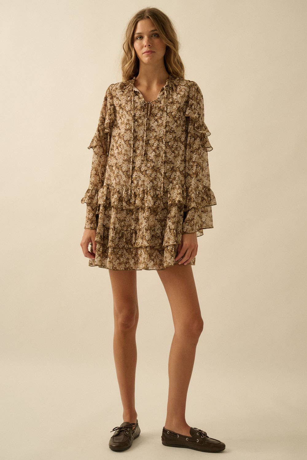 Floral Ruffled Bell-Sleeve Babydoll Mini Dress