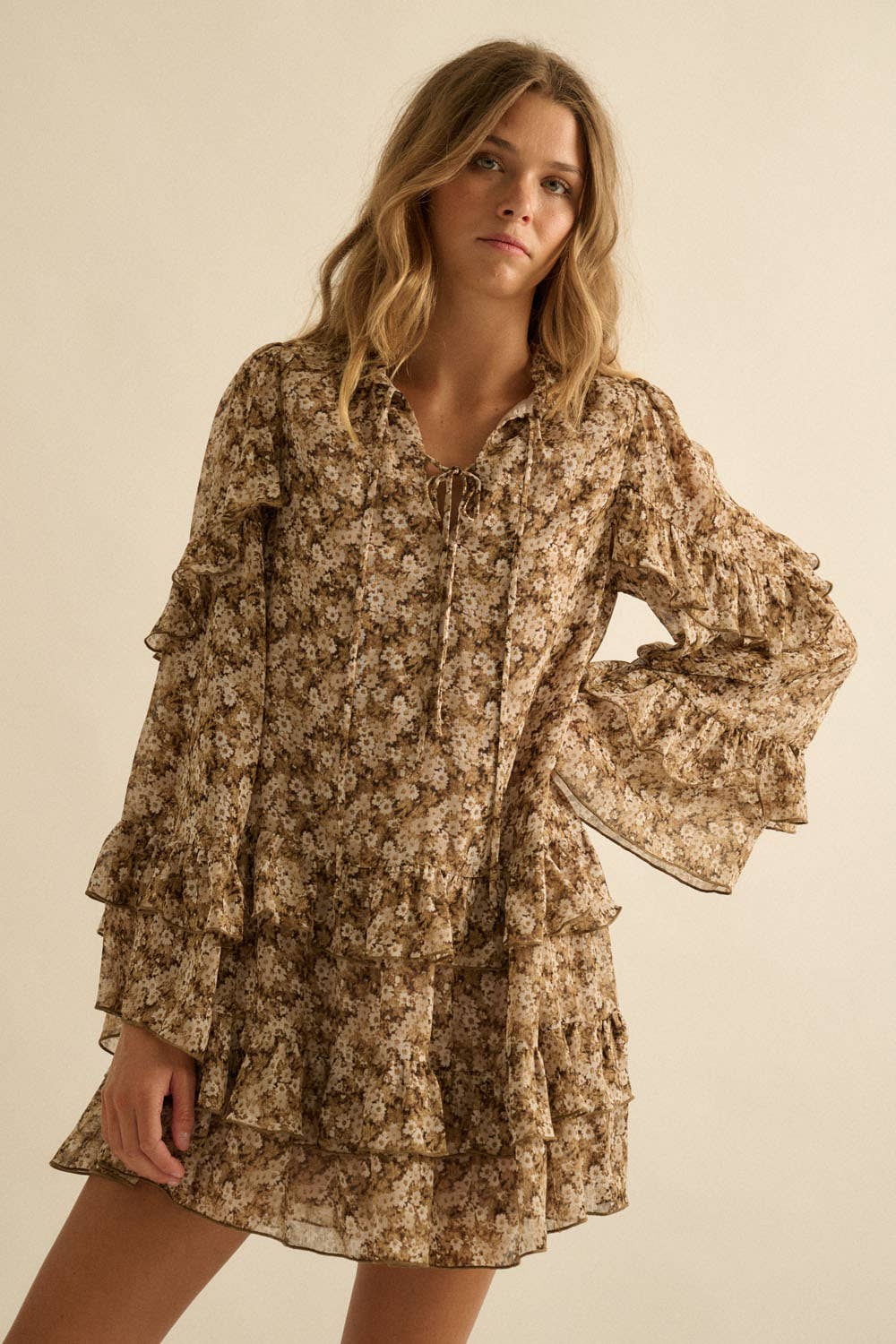 Floral Ruffled Bell-Sleeve Babydoll Mini Dress