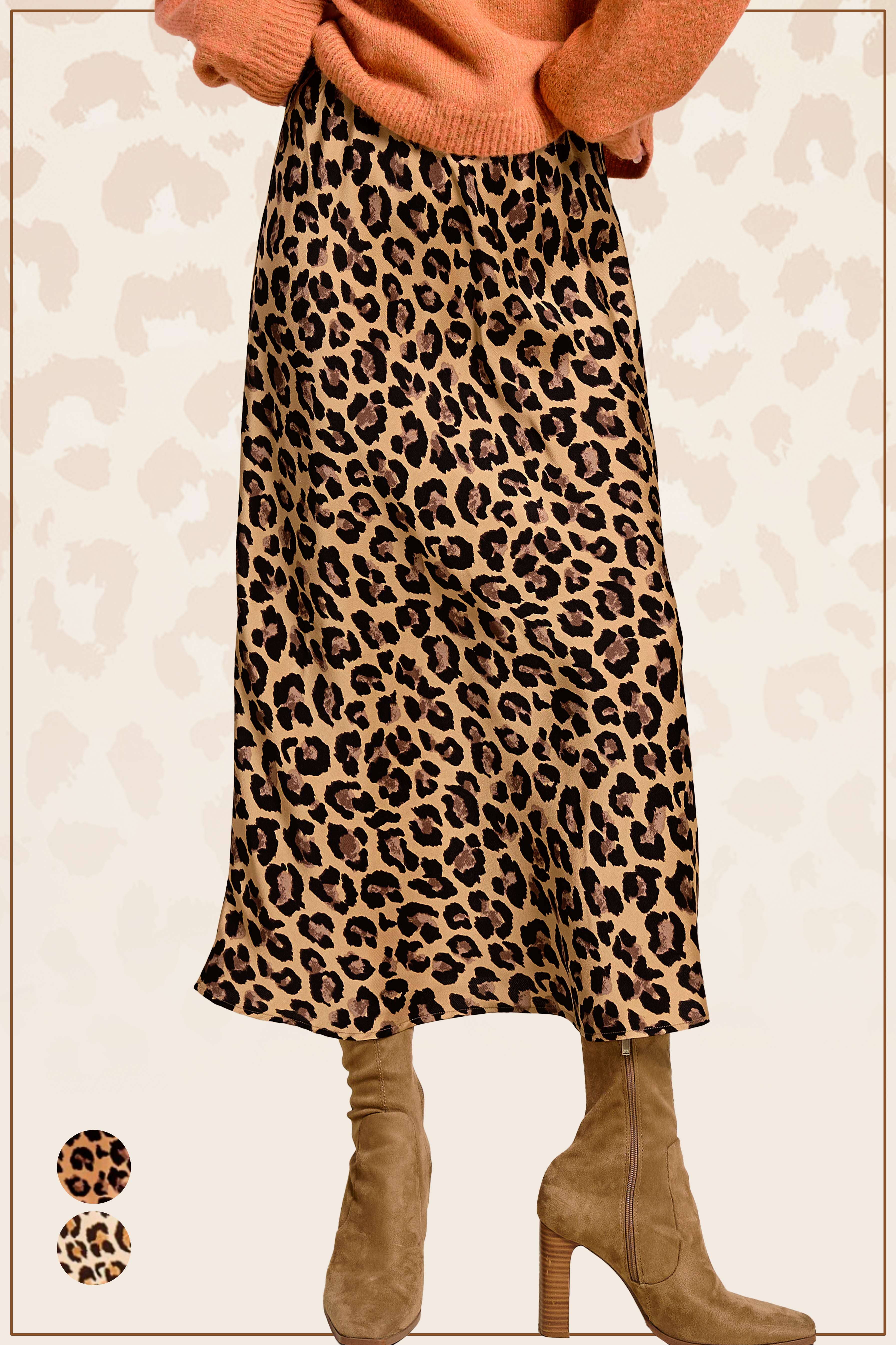 Midi Satin Leopard Skirt
