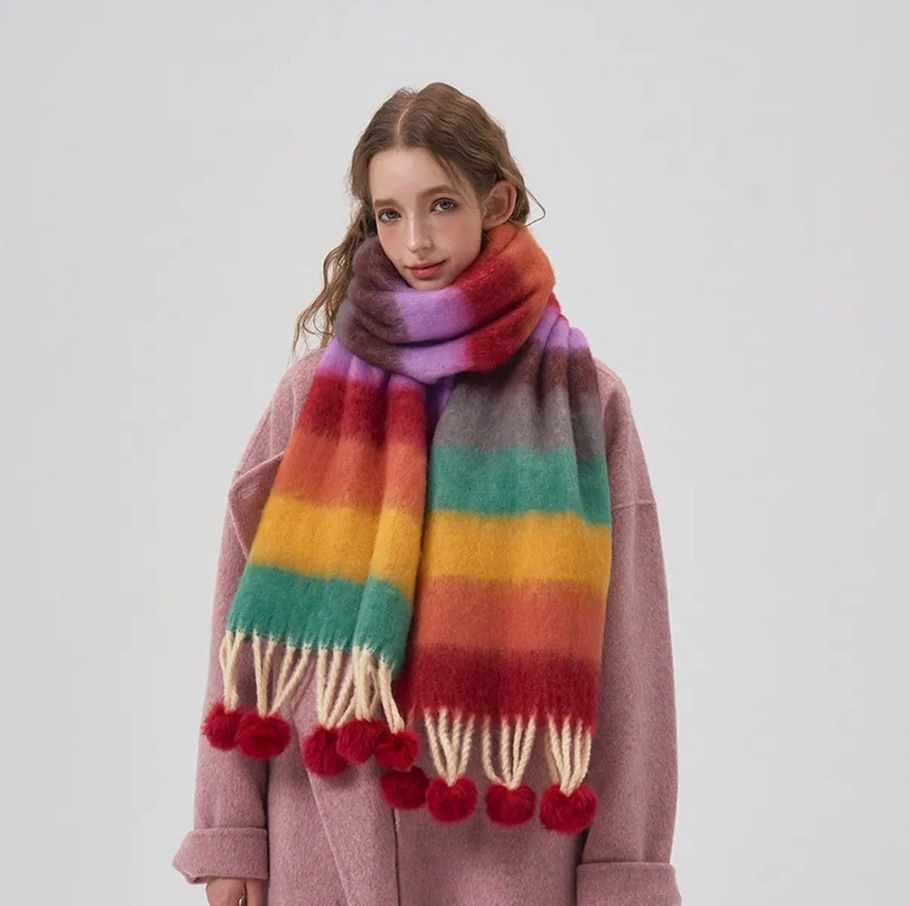 Jumbo Striped Scarf with Pom Poms