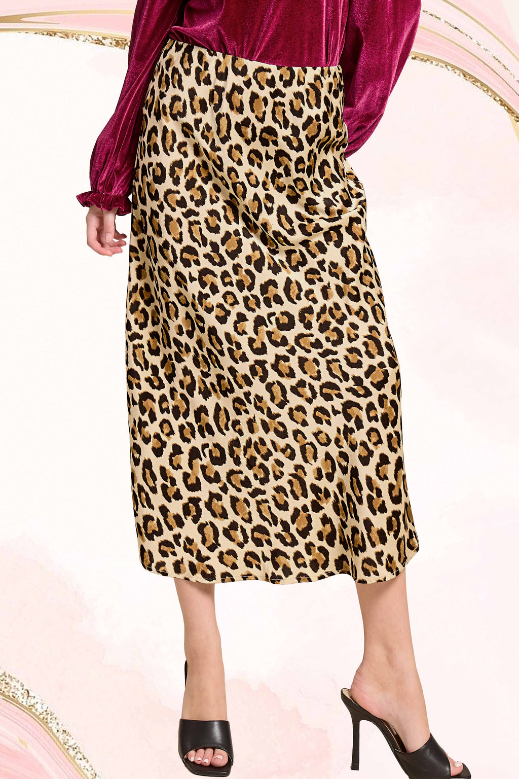 Midi Satin Leopard Skirt