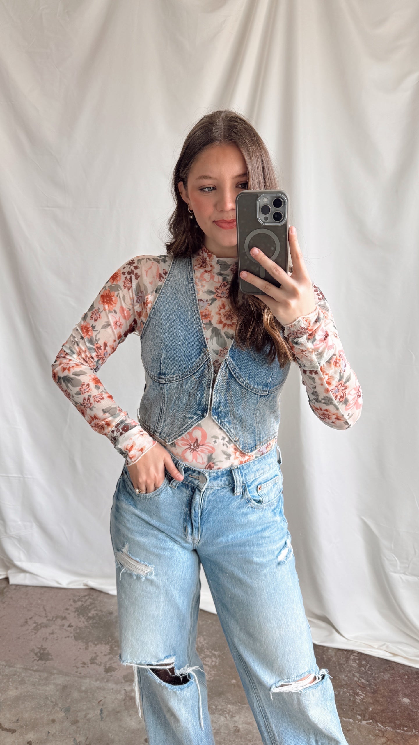 Peach Floral Mesh Top