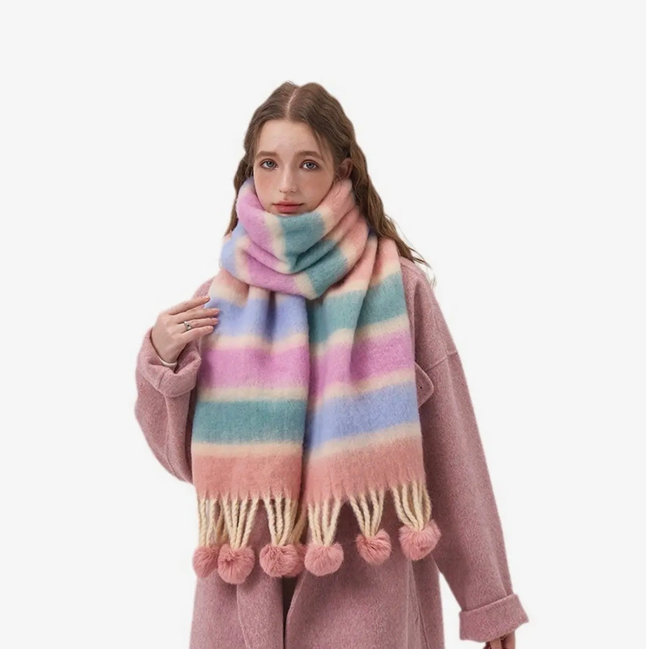 Jumbo Striped Scarf with Pom Poms