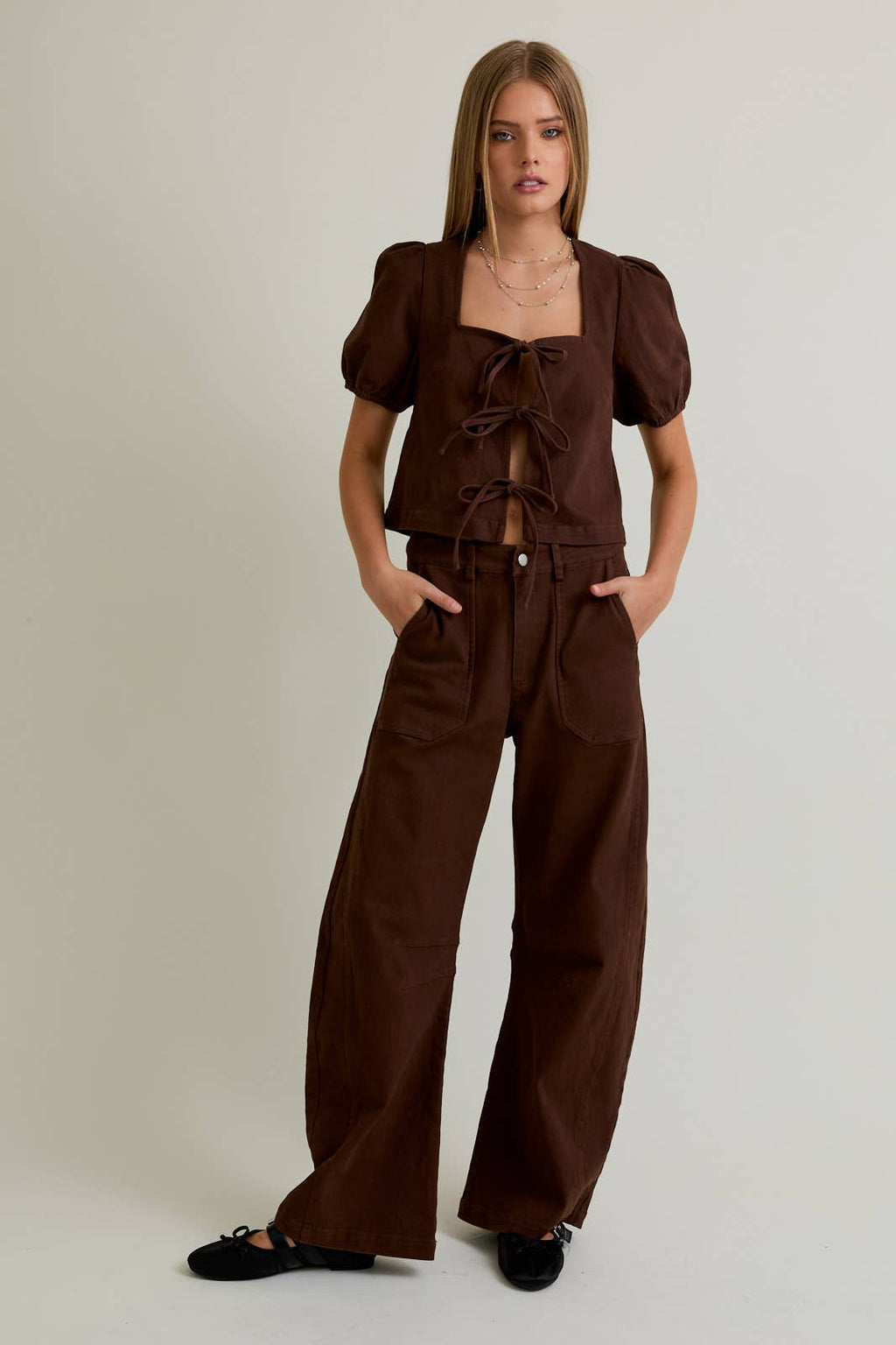 Brown Tie Front Top