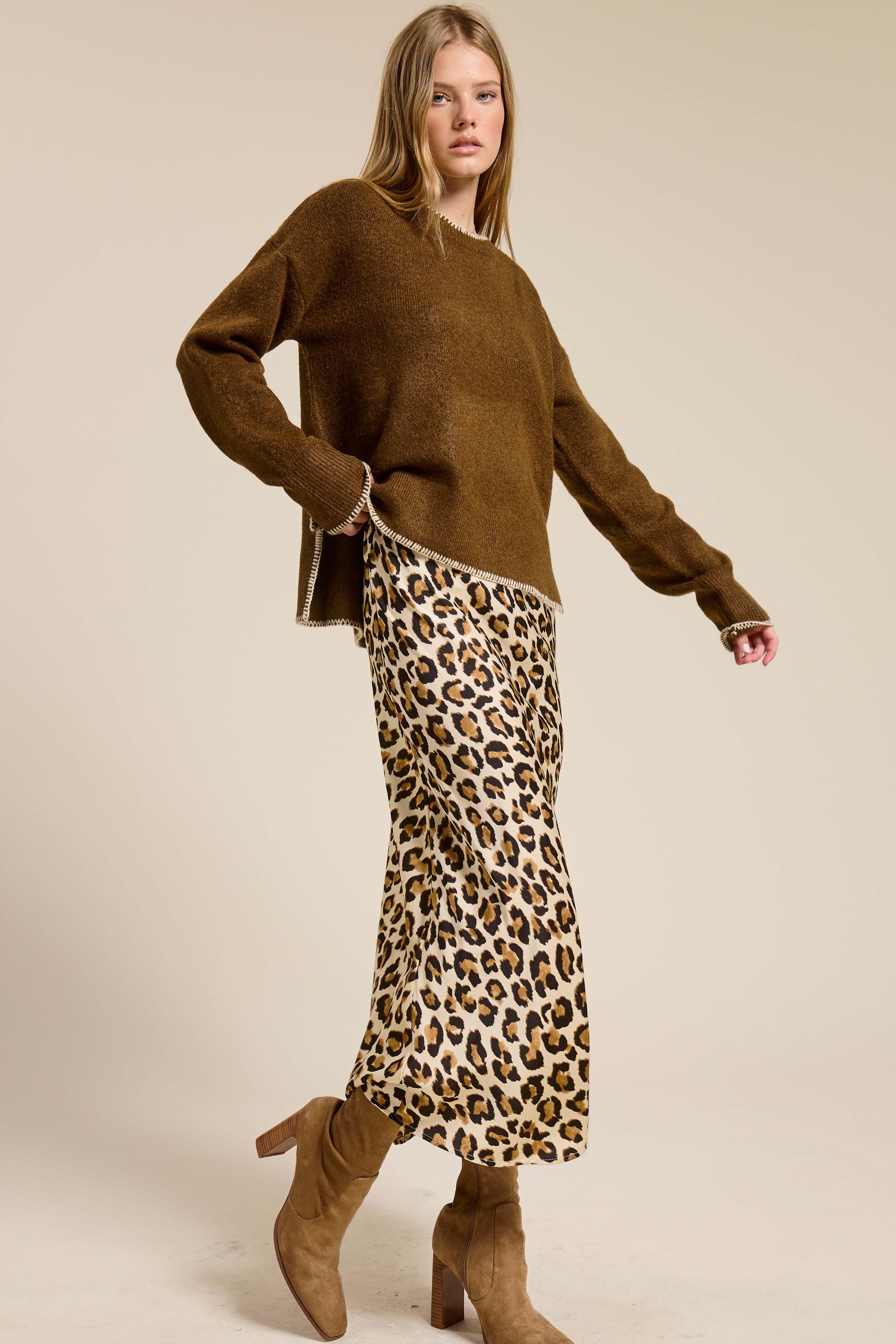 Midi Satin Leopard Skirt