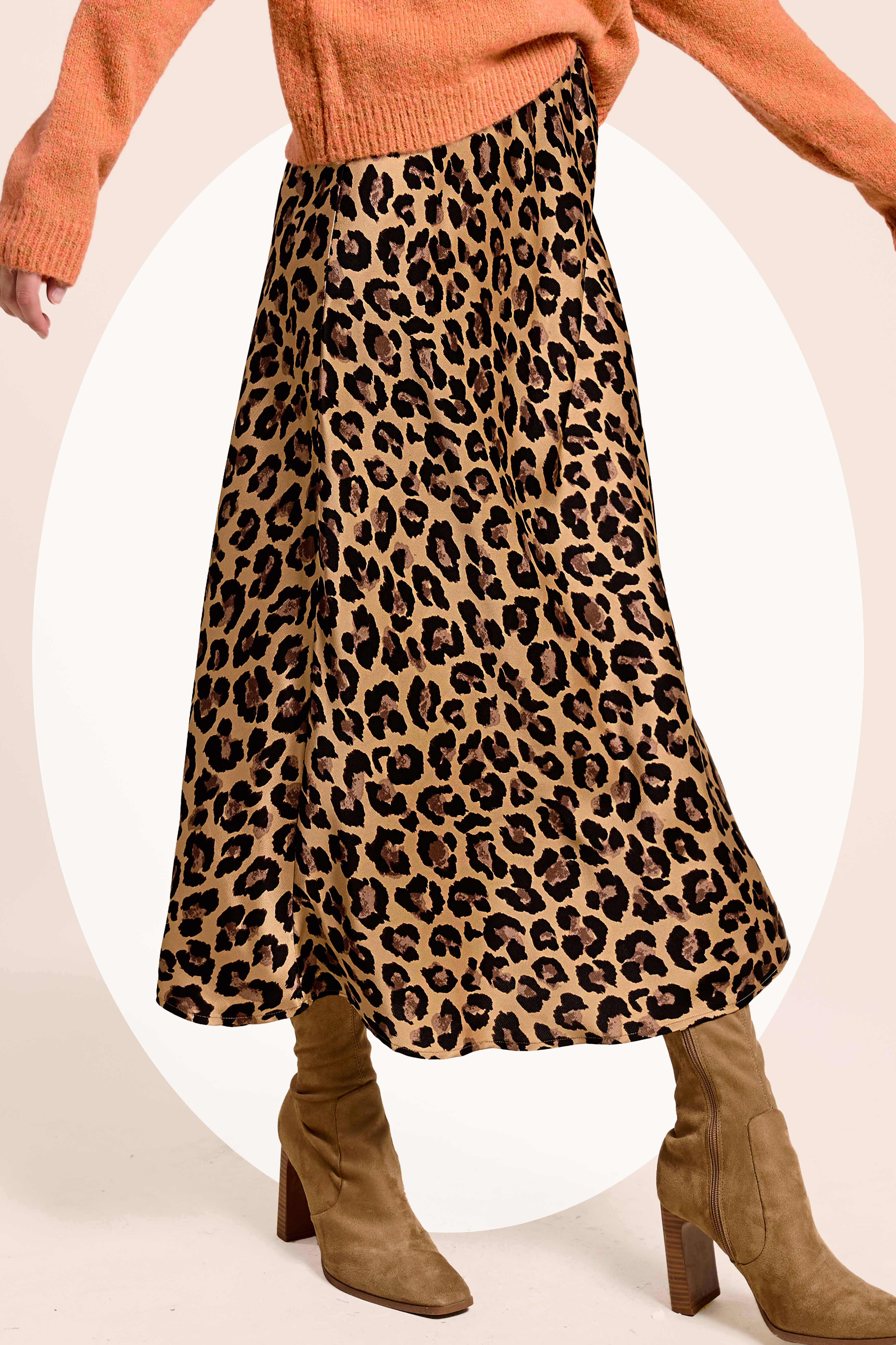 Midi Satin Leopard Skirt