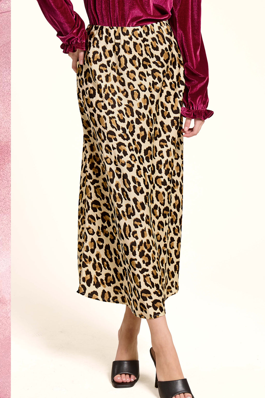Midi Satin Leopard Skirt