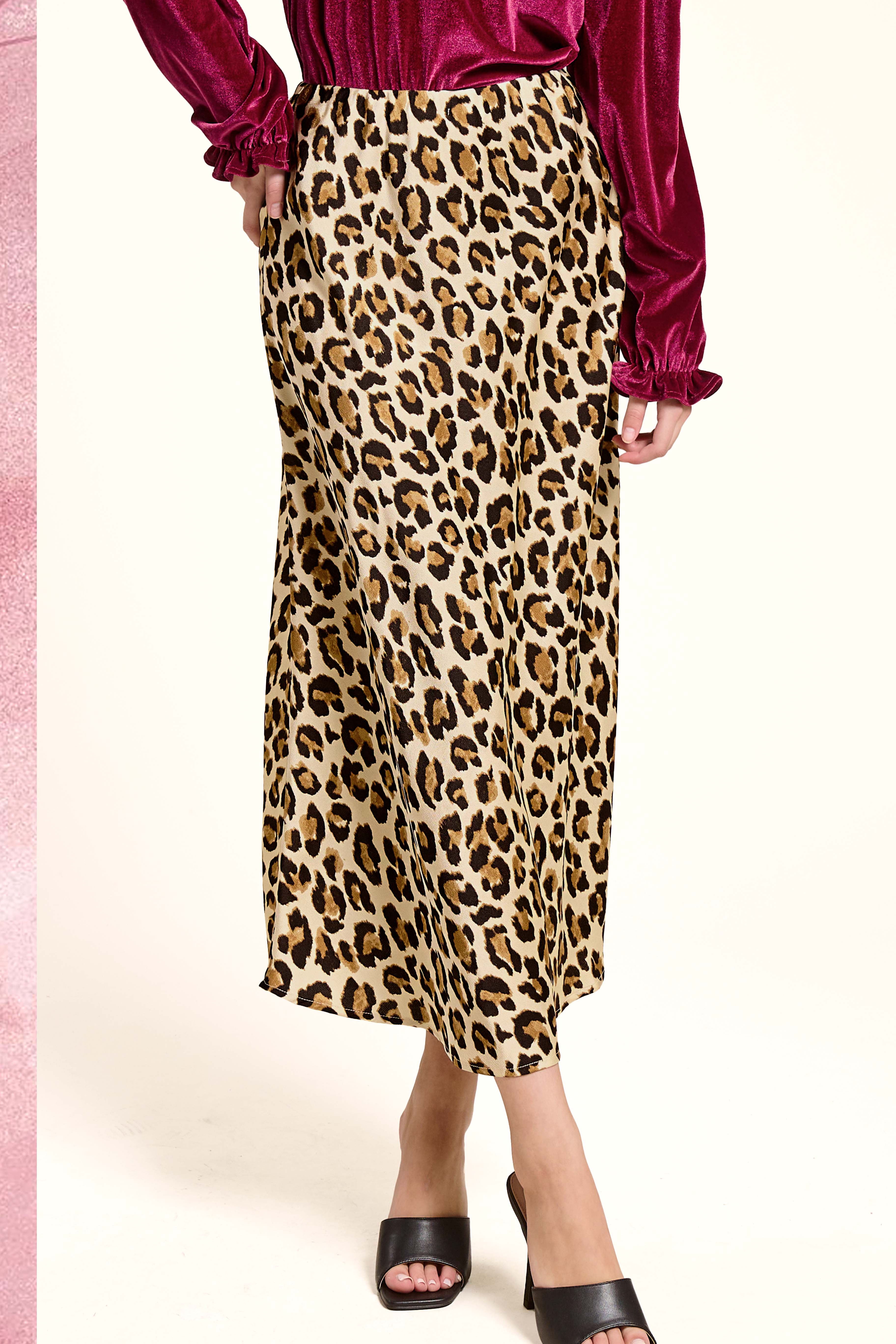 Midi Satin Leopard Skirt