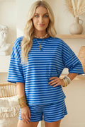 Blue Striped Lounge Shorts Set