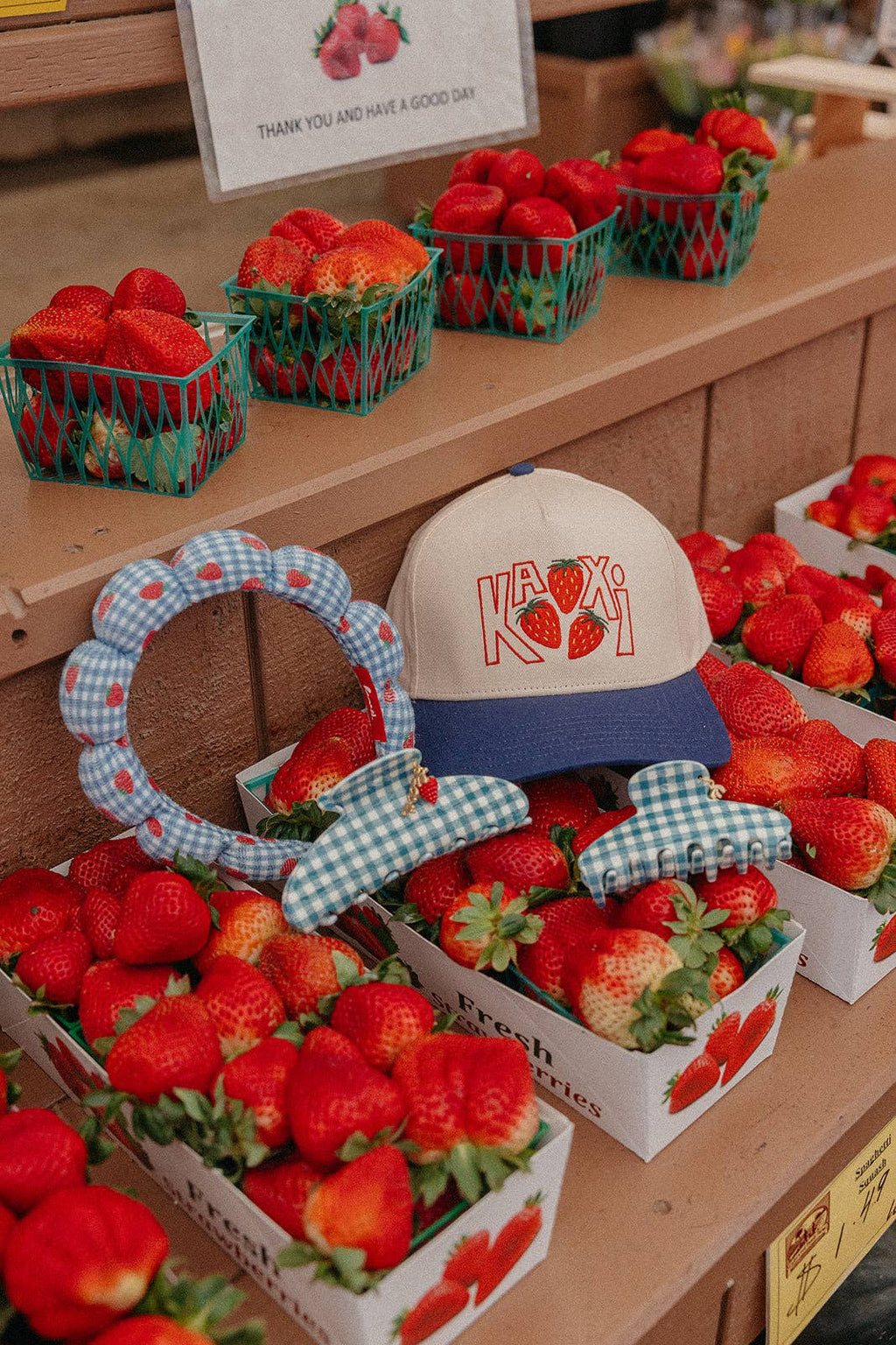 BLUE GINGHAM STRAWBERRY CHARM CLAW