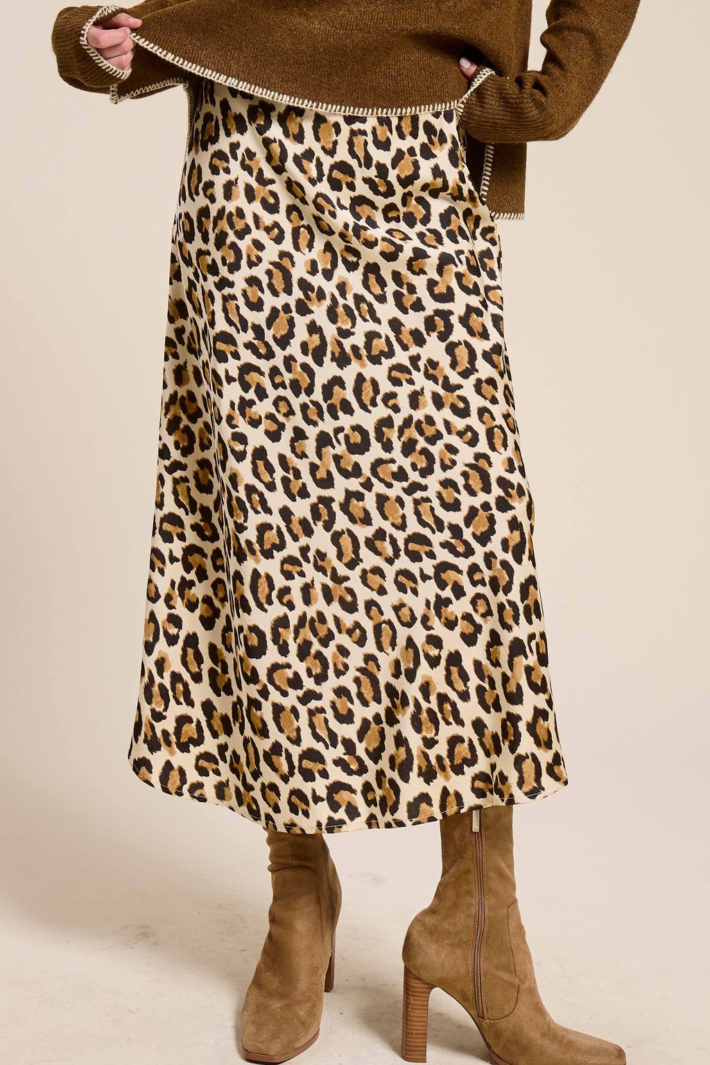 Midi Satin Leopard Skirt