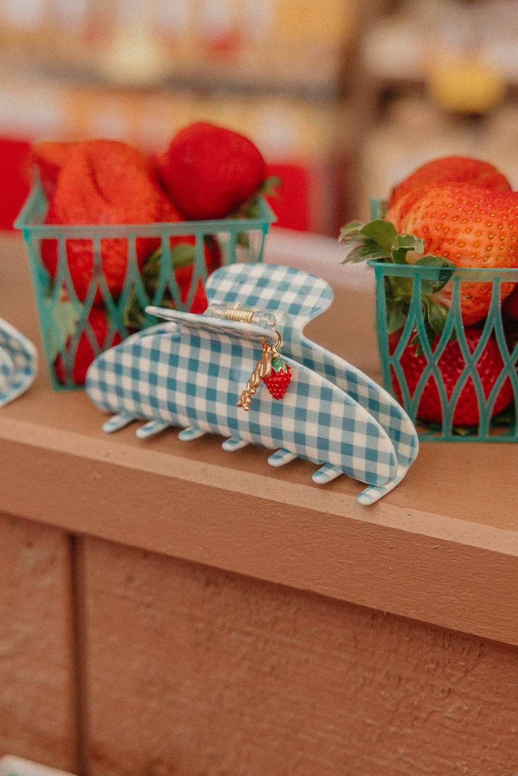 BLUE GINGHAM STRAWBERRY CHARM CLAW