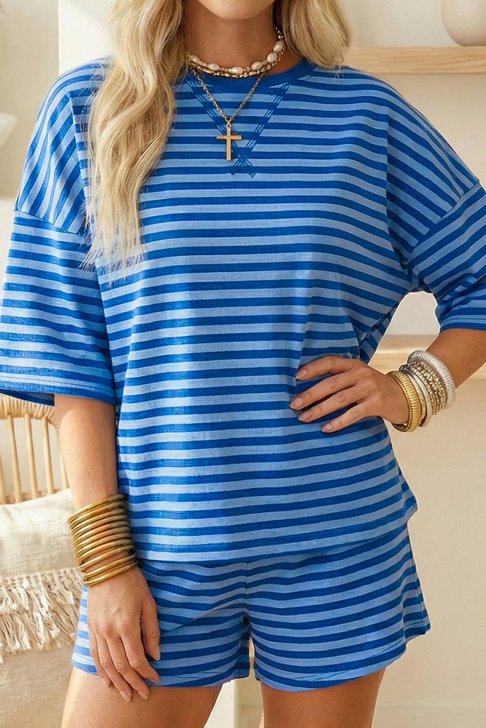 Blue Striped Lounge Shorts Set
