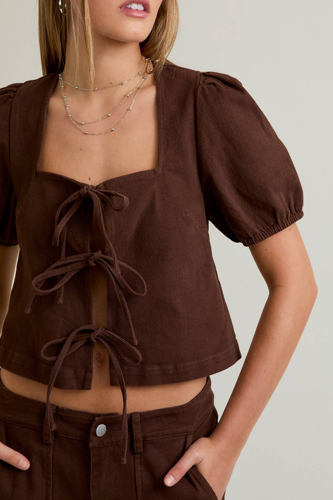 Brown Tie Front Top
